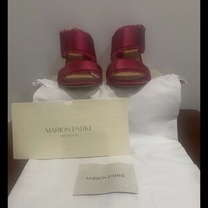 Marion Parke Pink Heels Nib Fringe. Barbie Open Toe silk Luxury Italy